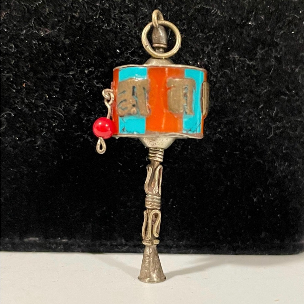 Tibetan Turquoise and Coral Prayer Wheel Pendant